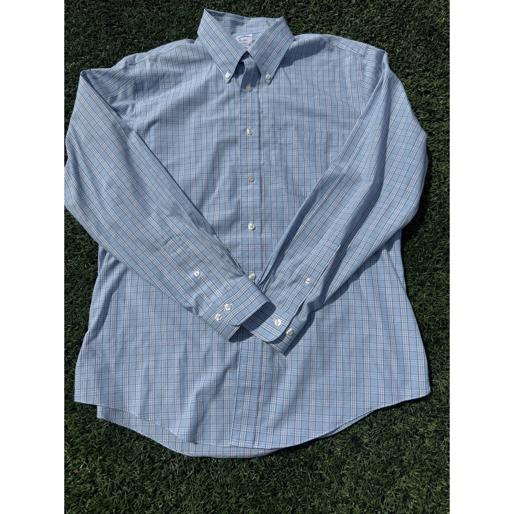 Brooks Brothers Regent NonIron Shirt Mens L Blue Plaid Supima Cotton Button Down